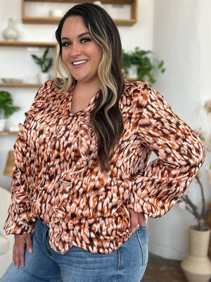 Double Take Full Size Printed Ruffle Trim Balloon Sleeve Shirt - StyleLure