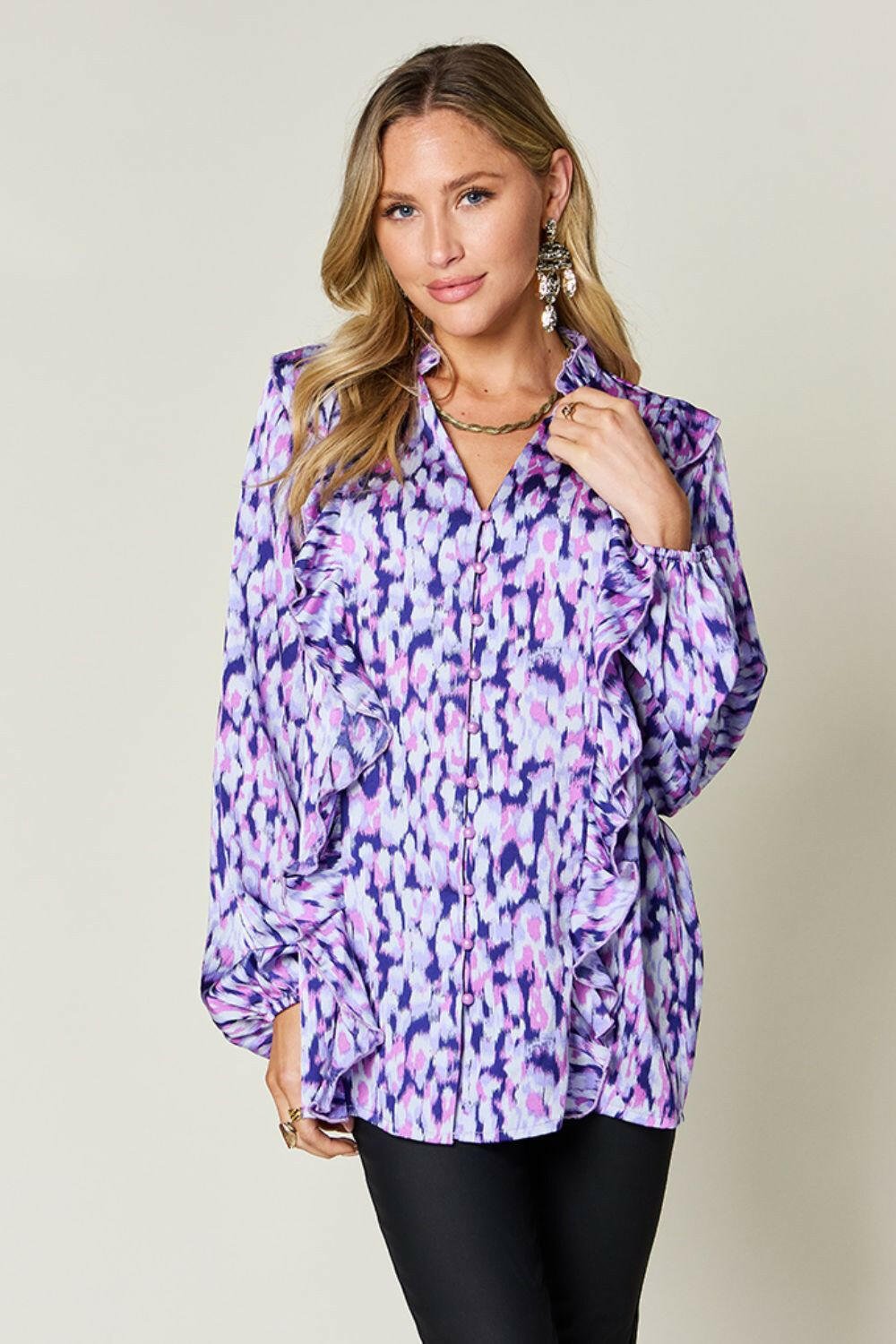 Double Take Full Size Printed Ruffle Trim Balloon Sleeve Shirt - StyleLure