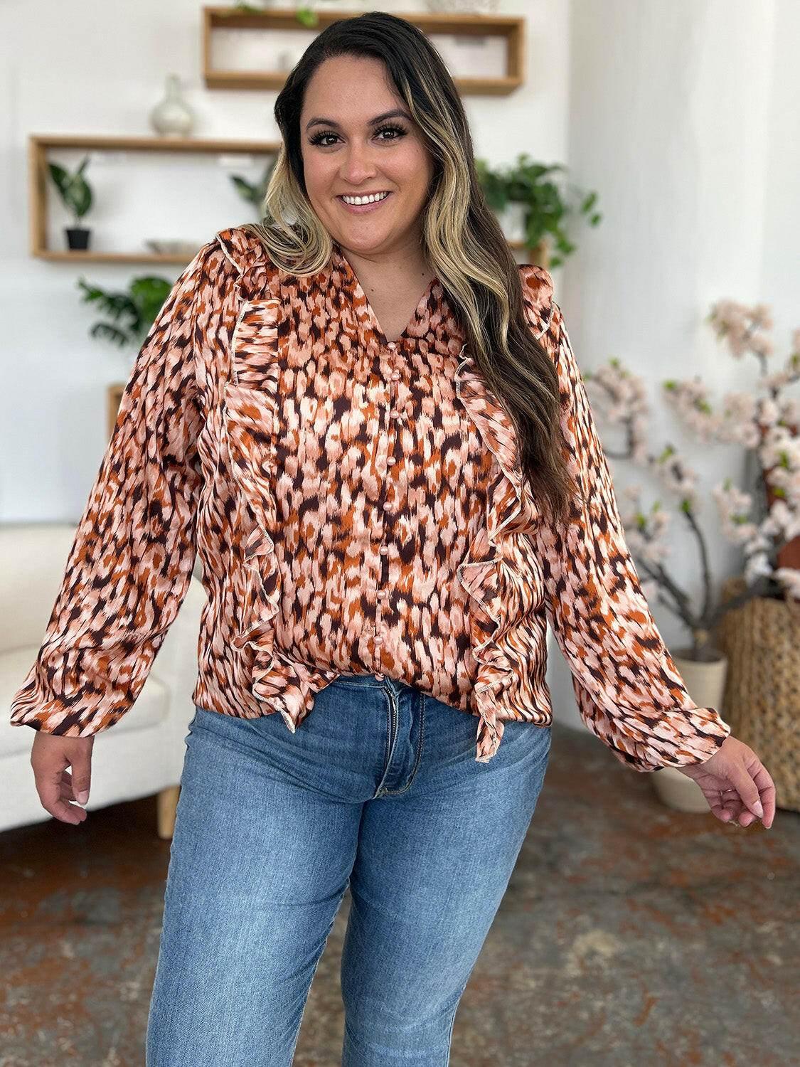 Double Take Full Size Printed Ruffle Trim Balloon Sleeve Shirt - StyleLure