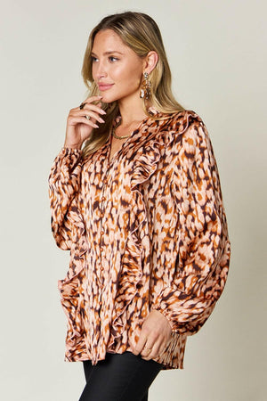 Double Take Full Size Printed Ruffle Trim Balloon Sleeve Shirt - StyleLure