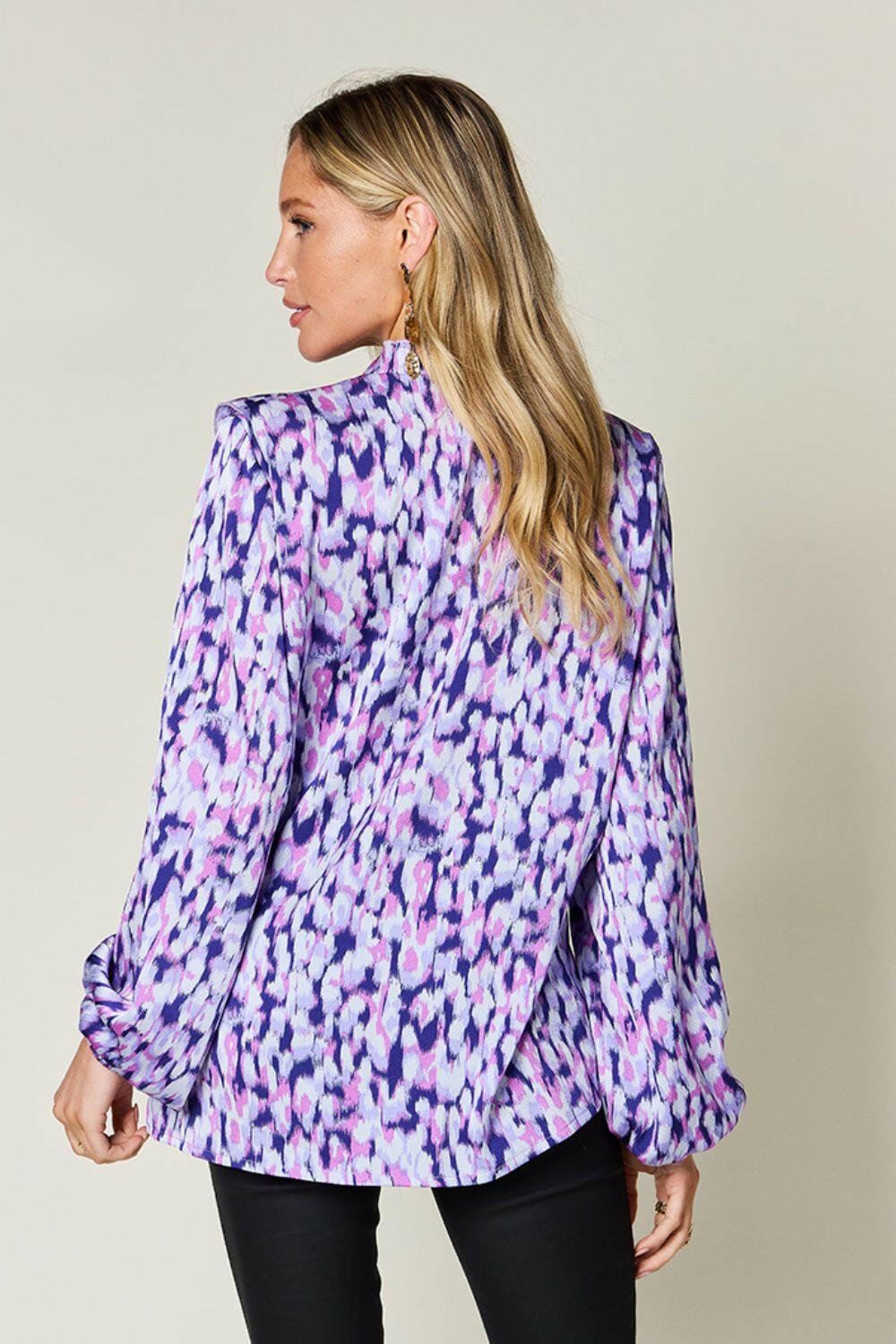 Double Take Full Size Printed Ruffle Trim Balloon Sleeve Shirt - StyleLure
