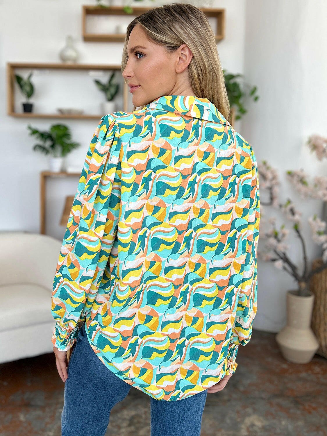 Double Take Full Size Printed Smocked Long Sleeve Blouse - StyleLure