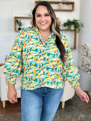 Double Take Full Size Printed Smocked Long Sleeve Blouse - StyleLure