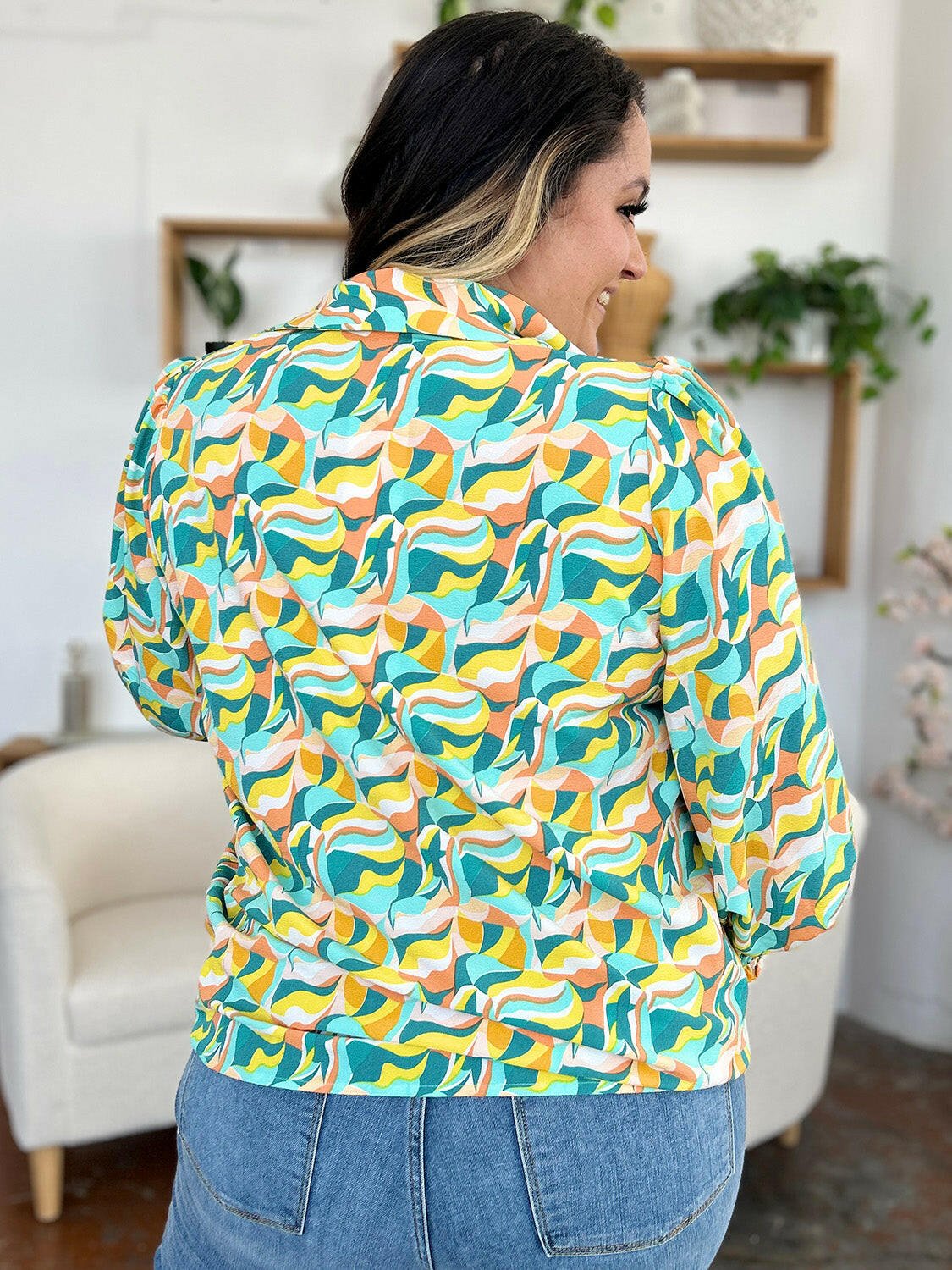 Double Take Full Size Printed Smocked Long Sleeve Blouse - StyleLure