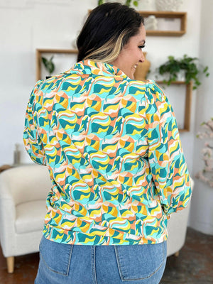 Double Take Full Size Printed Smocked Long Sleeve Blouse - StyleLure