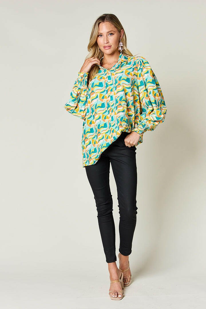 Double Take Full Size Printed Smocked Long Sleeve Blouse - StyleLure
