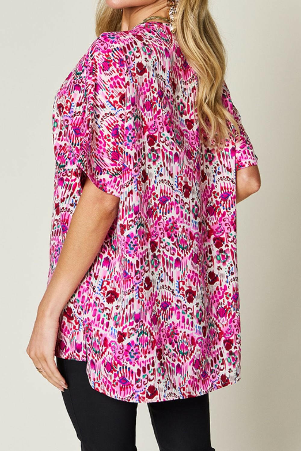 Double Take Full Size Printed V - Neck Short Sleeve Blouse - StyleLure