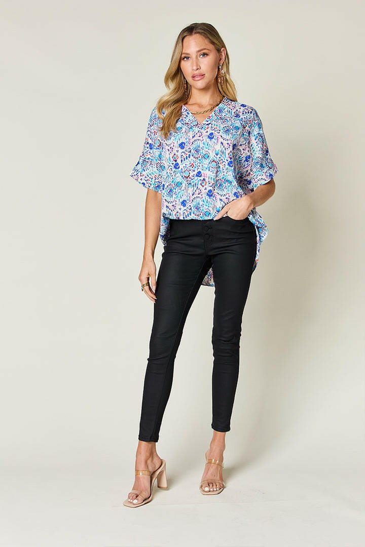 Double Take Full Size Printed V - Neck Short Sleeve Blouse - StyleLure