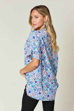 Double Take Full Size Printed V - Neck Short Sleeve Blouse - StyleLure