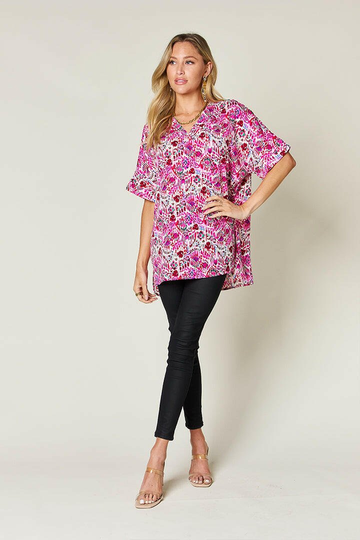 Double Take Full Size Printed V - Neck Short Sleeve Blouse - StyleLure
