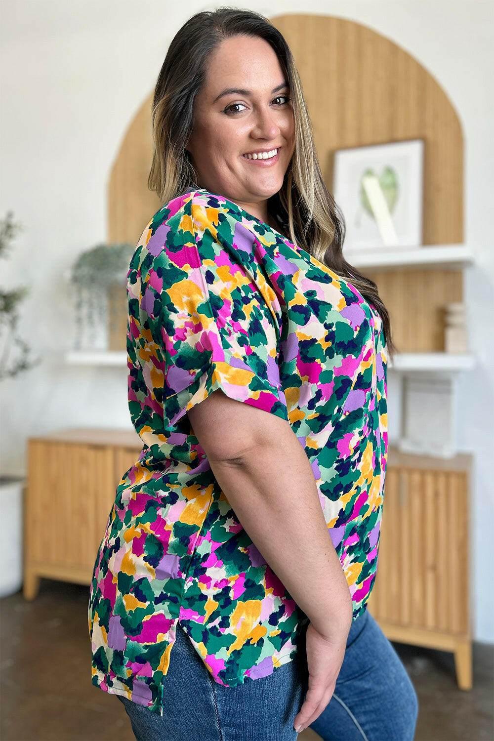 Double Take Full Size Printed V - Neck Short Sleeve Side Slit Top - StyleLure