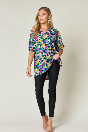 Double Take Full Size Printed V - Neck Short Sleeve Side Slit Top - StyleLure