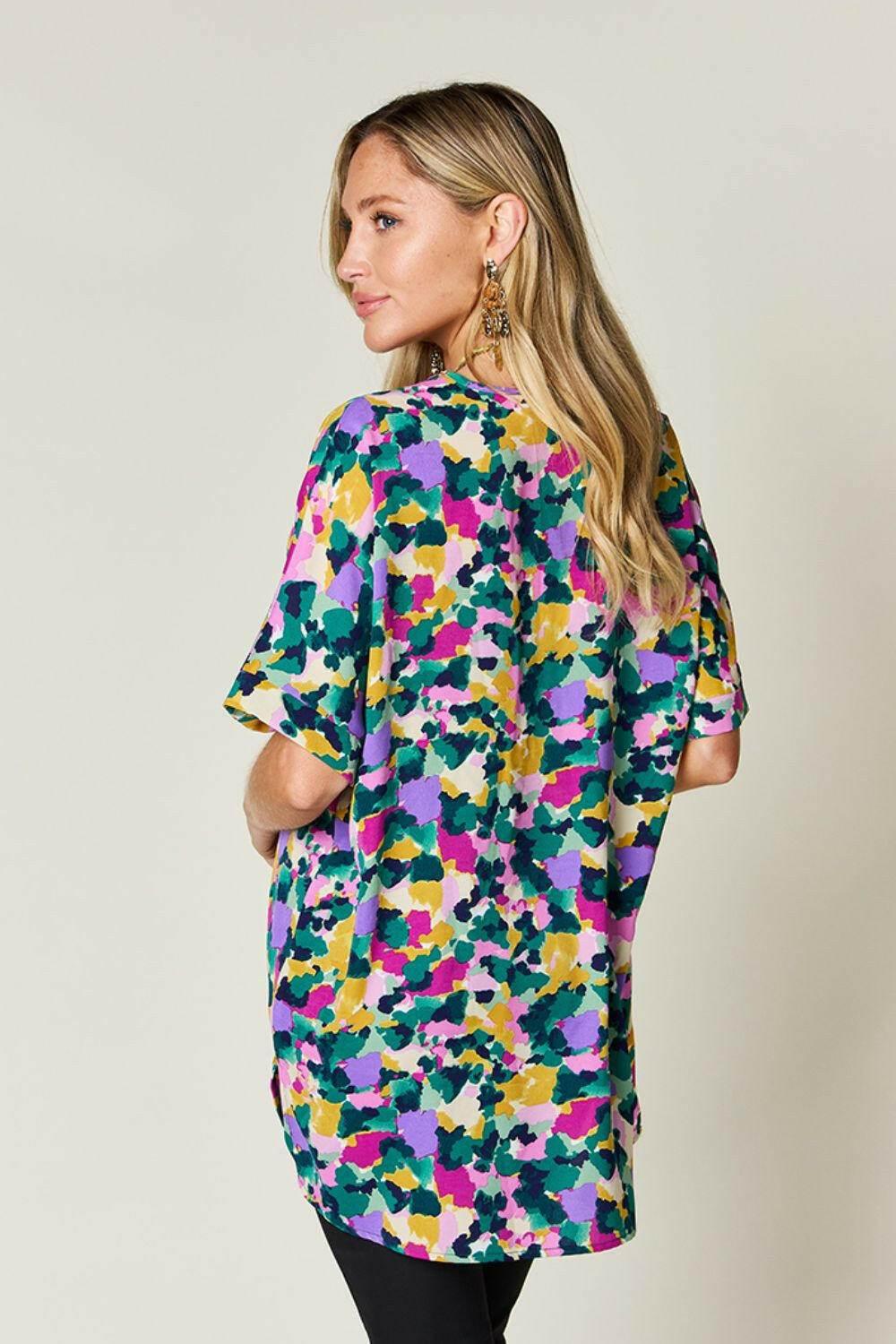Double Take Full Size Printed V - Neck Short Sleeve Side Slit Top - StyleLure