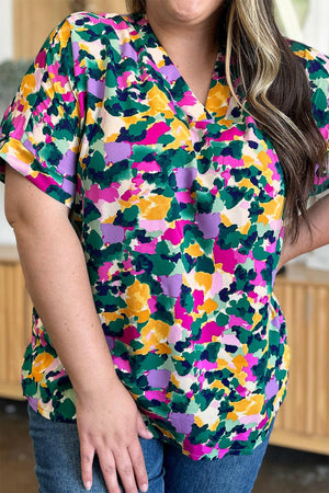 Double Take Full Size Printed V - Neck Short Sleeve Side Slit Top - StyleLure