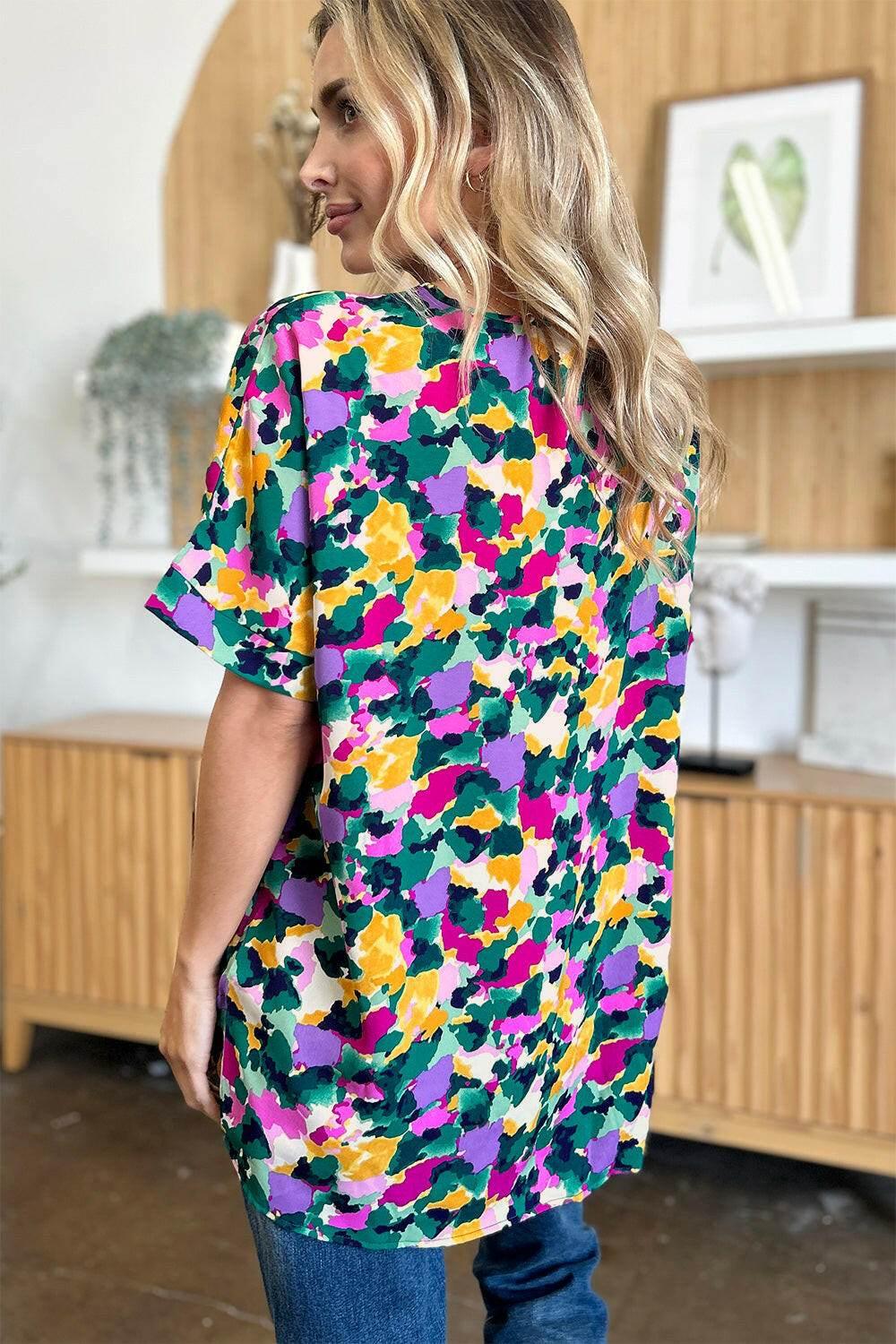 Double Take Full Size Printed V - Neck Short Sleeve Side Slit Top - StyleLure