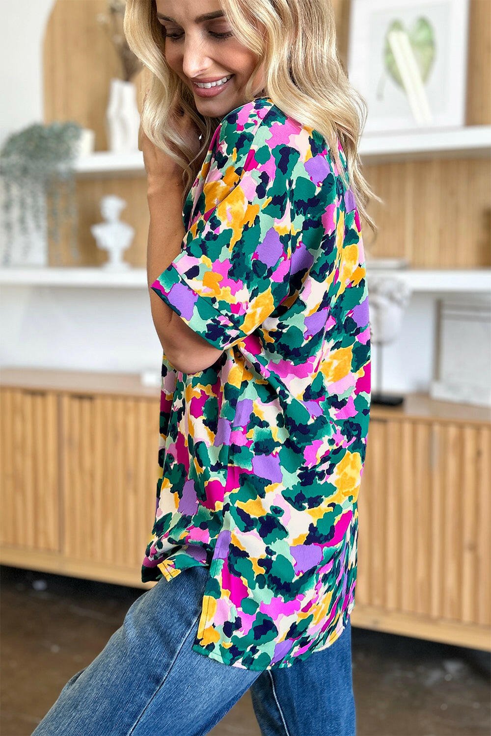 Double Take Full Size Printed V - Neck Short Sleeve Side Slit Top - StyleLure