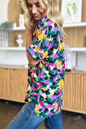 Double Take Full Size Printed V - Neck Short Sleeve Side Slit Top - StyleLure