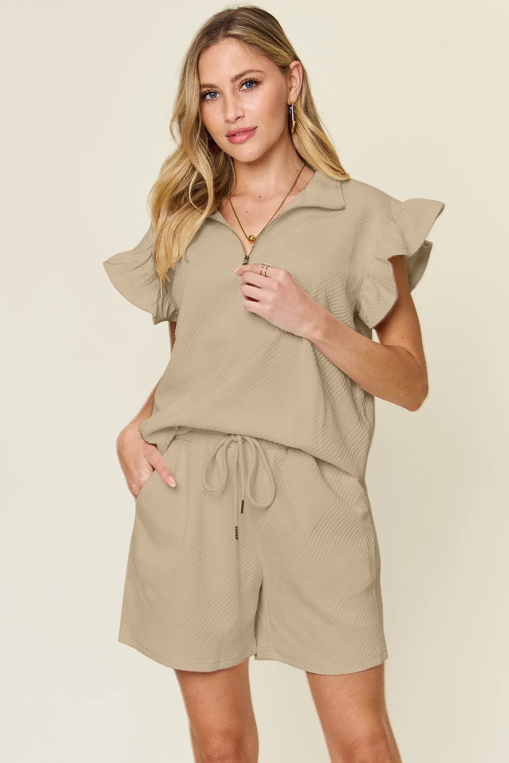 Double Take Full Size Texture Flounce Sleeve Top and Drawstring Shorts Set - StyleLure