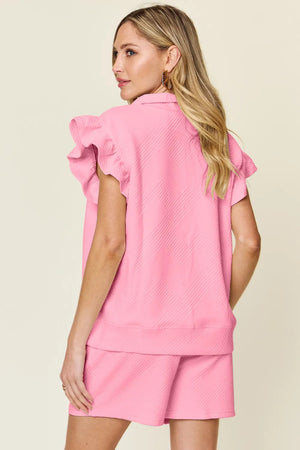 Double Take Full Size Texture Flounce Sleeve Top and Drawstring Shorts Set - StyleLure