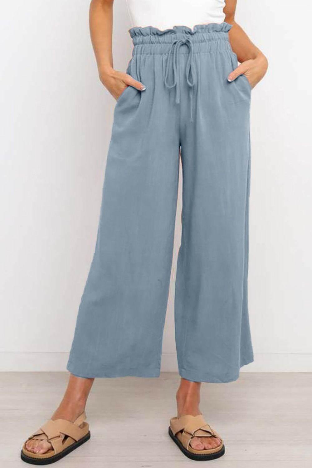 Drawstring Paperbag Waist Wide Leg Pants - StyleLure