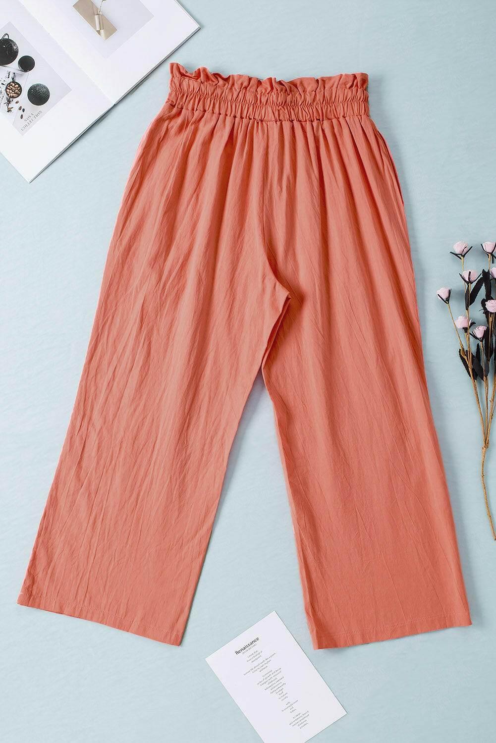Drawstring Paperbag Waist Wide Leg Pants - StyleLure