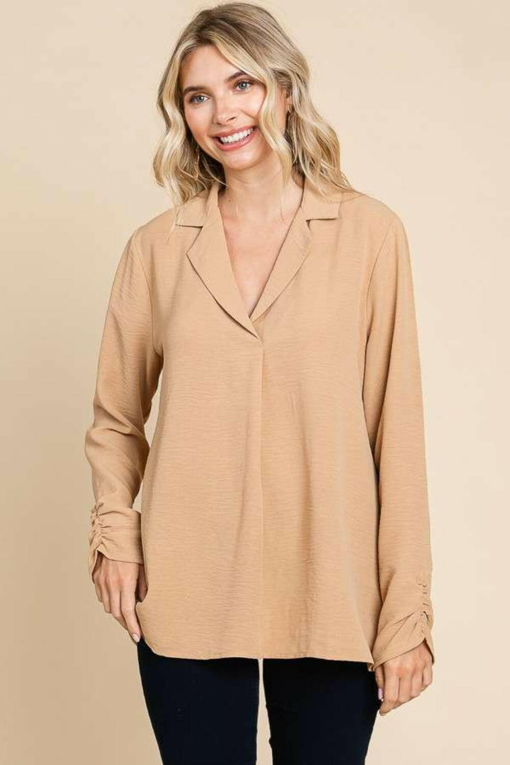 Culture Code Full Size Lapel Collar Ruched Long Sleeve Blouse - StyleLure