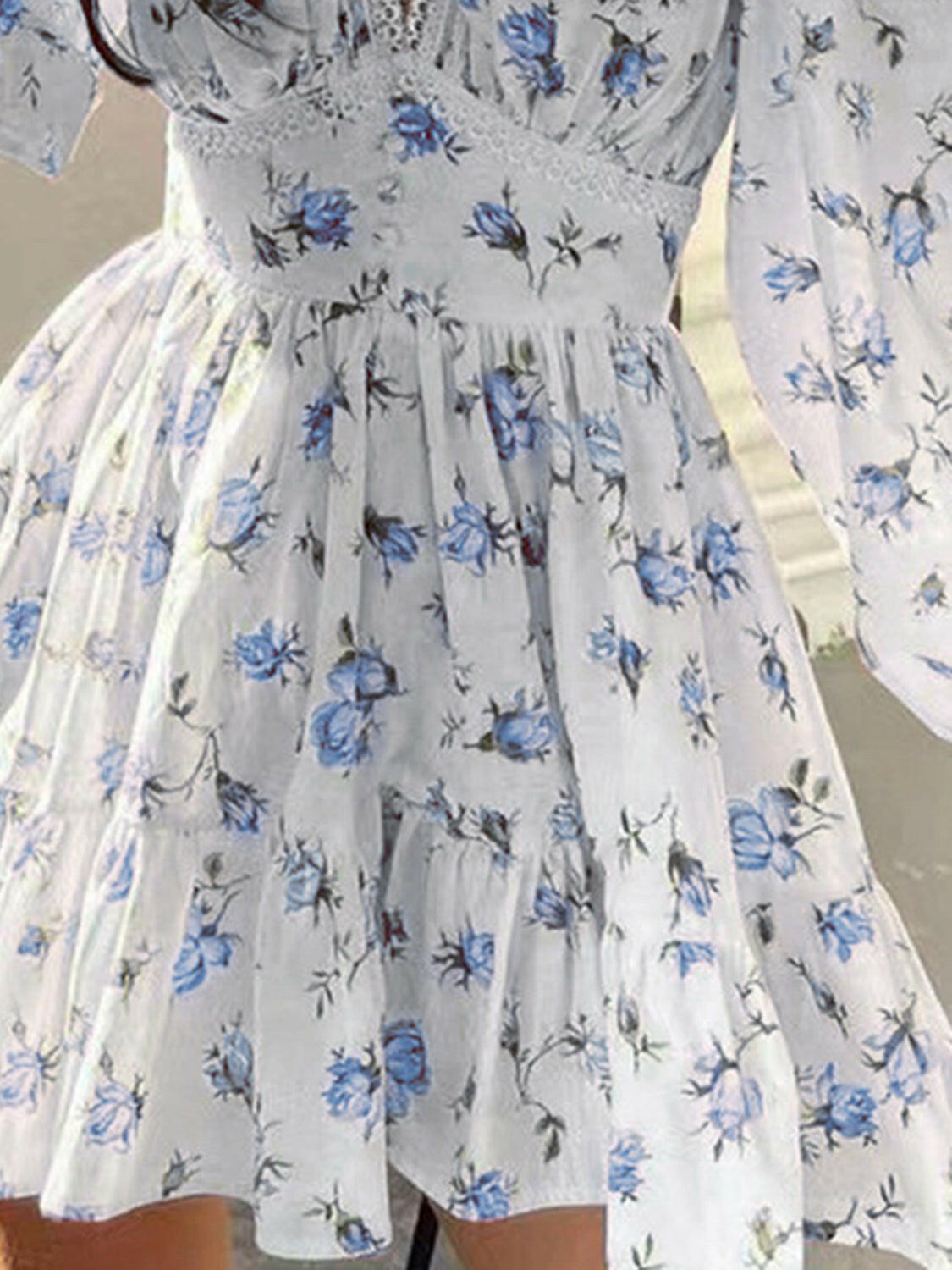 Lace Detail V-Neck Balloon Sleeve Dress - StyleLure