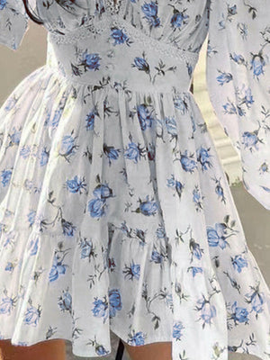 Lace Detail V-Neck Balloon Sleeve Dress - StyleLure