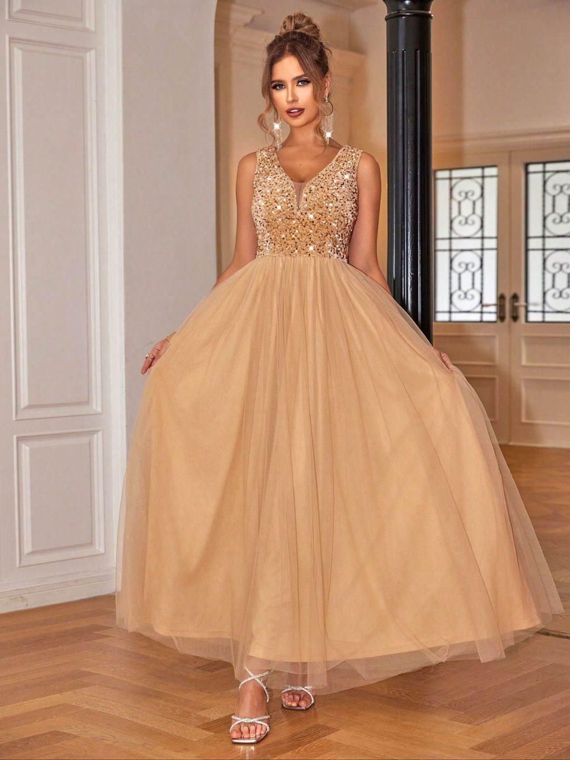 Sequin V-Neck Sleeveless Dress - StyleLure