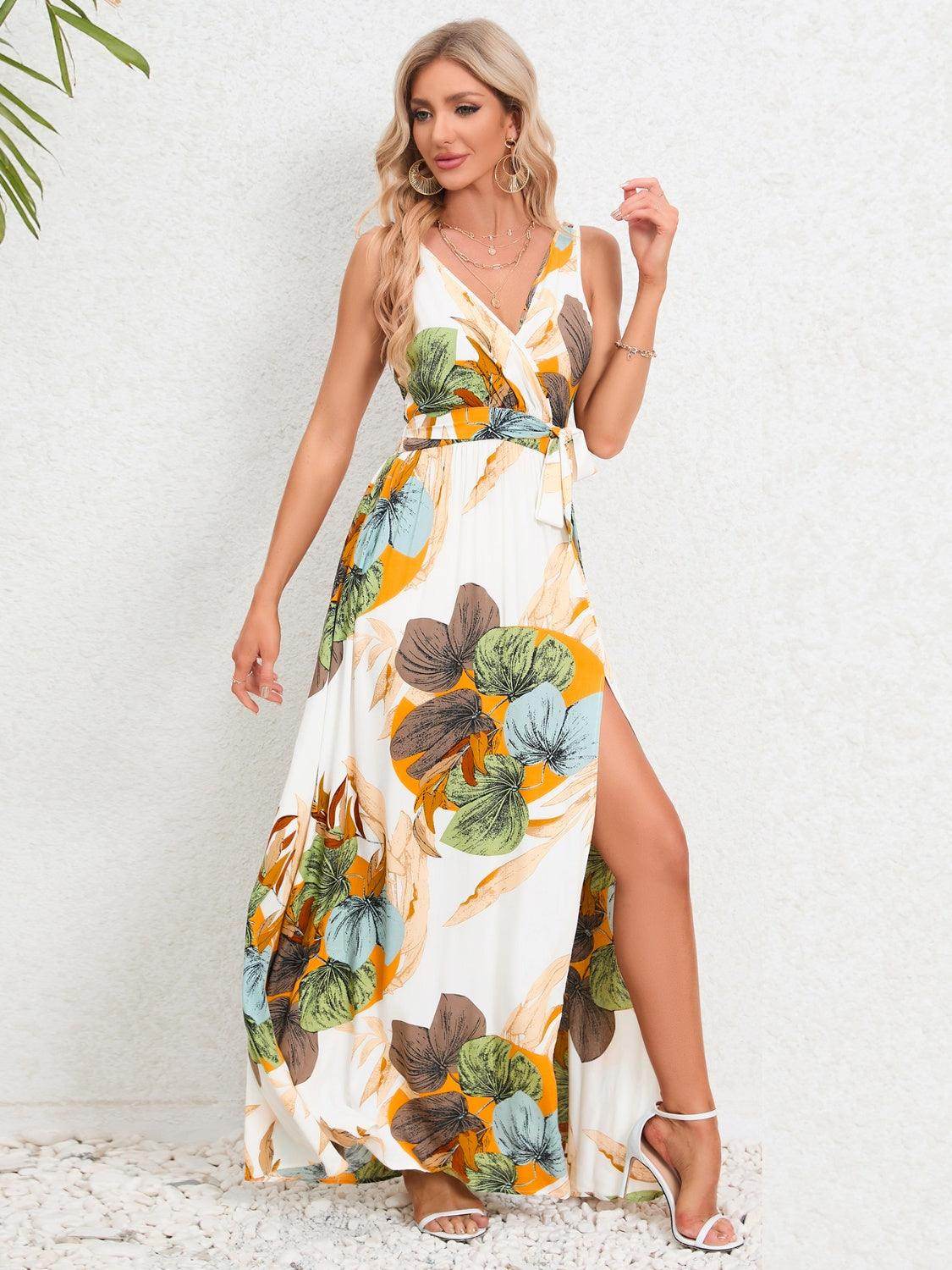Slit Tied Printed Surplice Dress - StyleLure