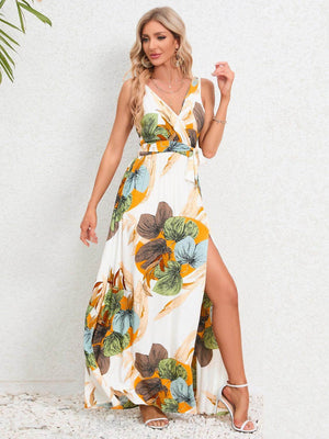 Slit Tied Printed Surplice Dress - StyleLure