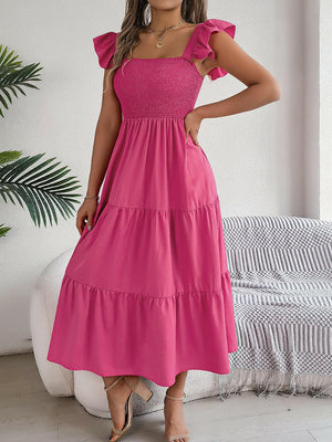 Smocked Square Neck Cap Sleeve Midi Dress - StyleLure