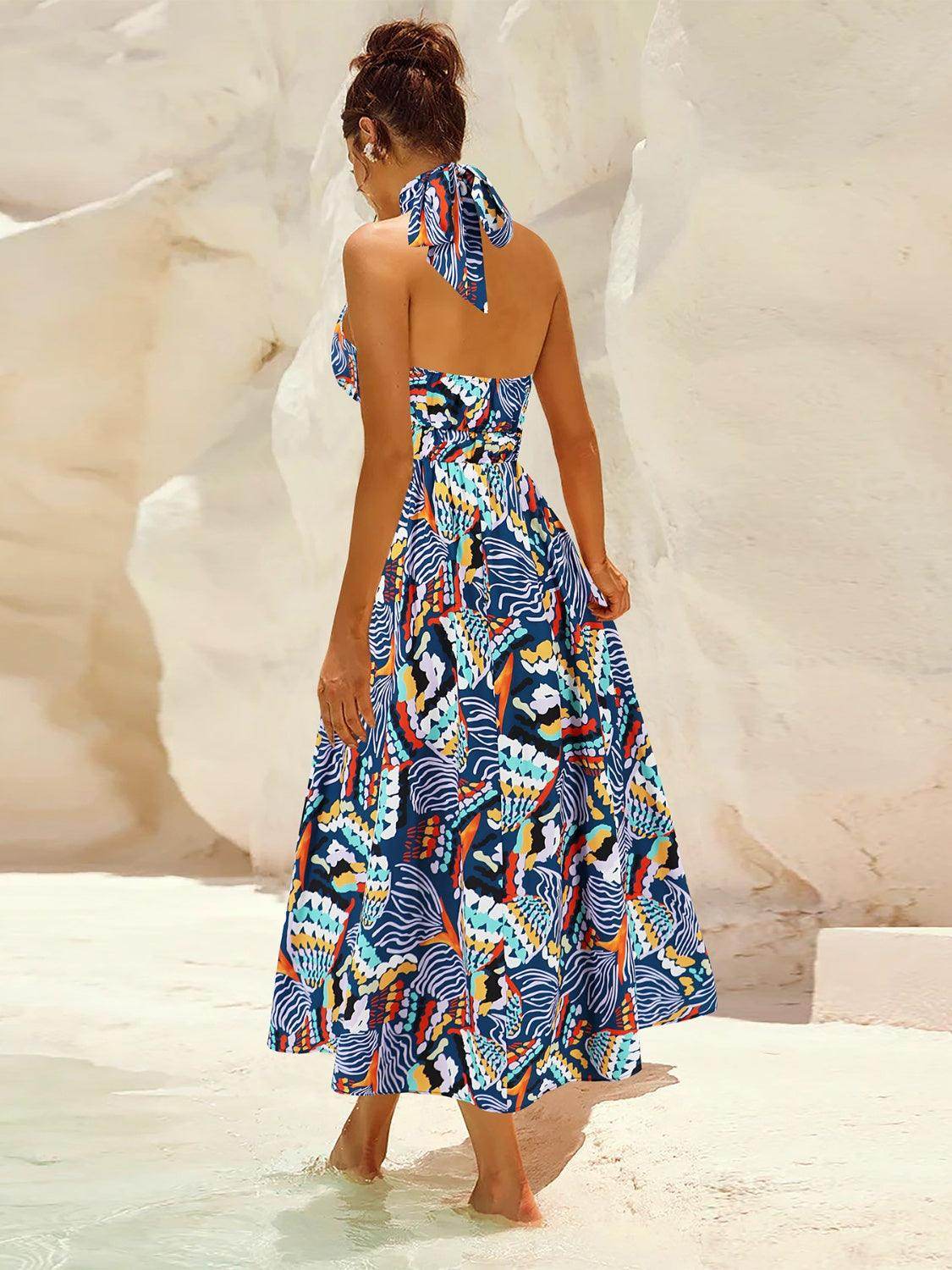 Ruched Printed Halter Neck Dress - StyleLure