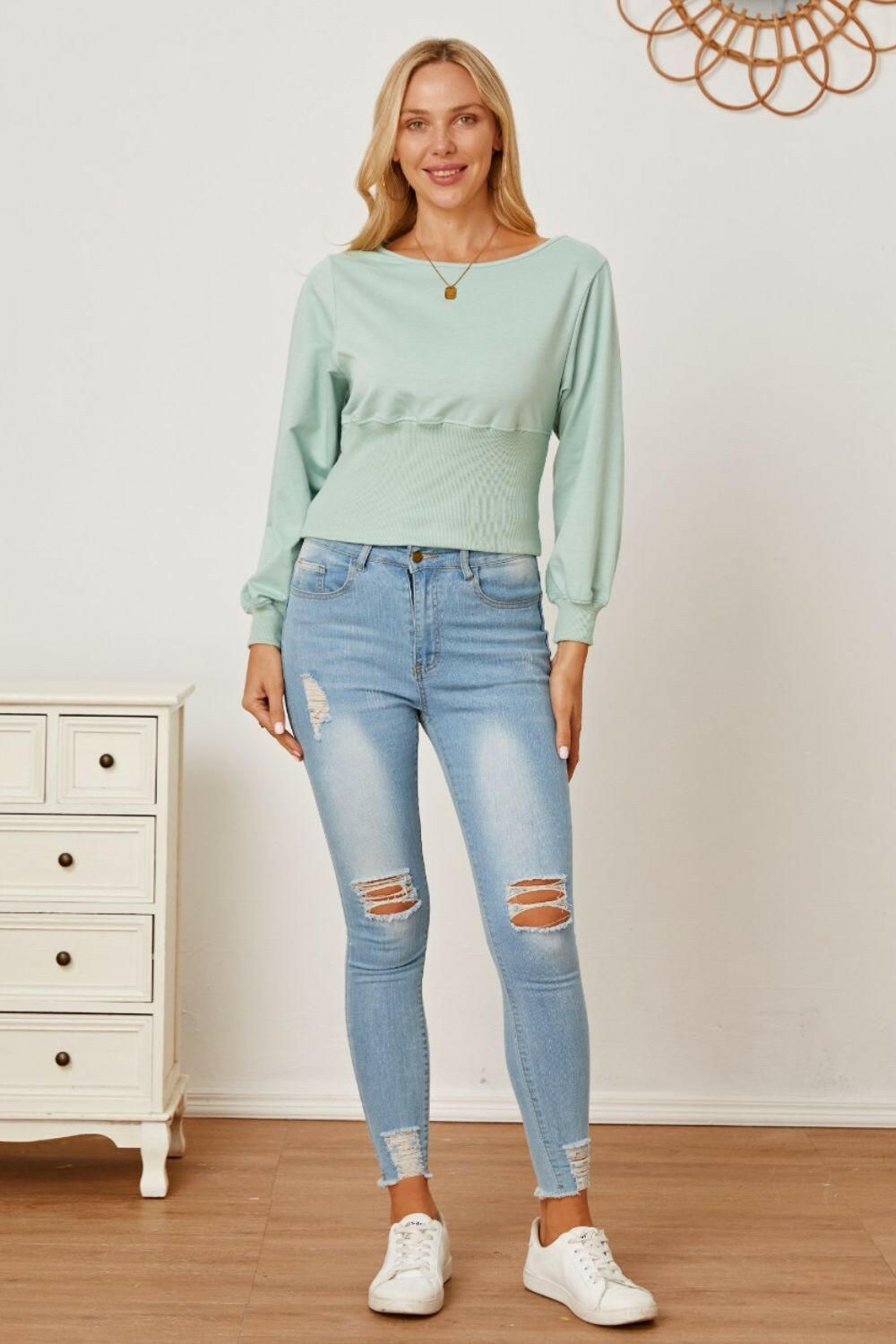 Boat Neck Lantern Sleeve Blouse - StyleLure