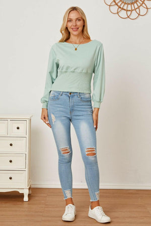 Boat Neck Lantern Sleeve Blouse - StyleLure