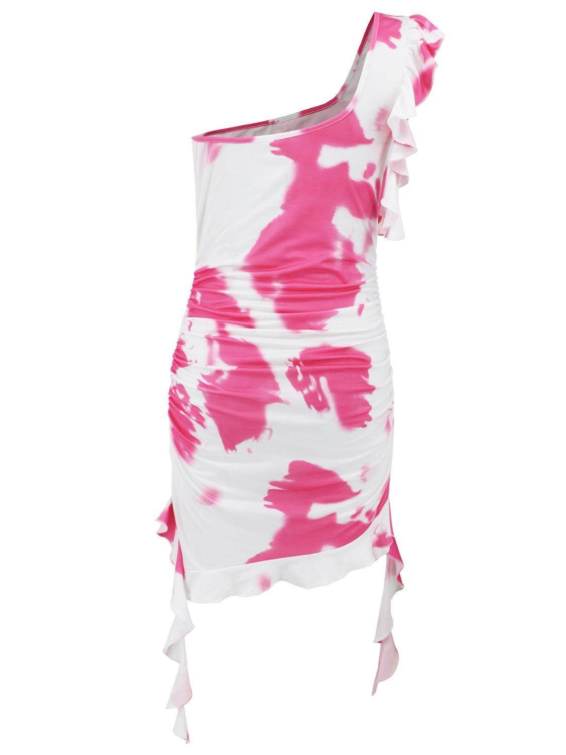 Ruffled Tie-Dye Single Shoulder Mini Dress - StyleLure