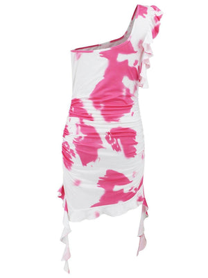 Ruffled Tie-Dye Single Shoulder Mini Dress - StyleLure