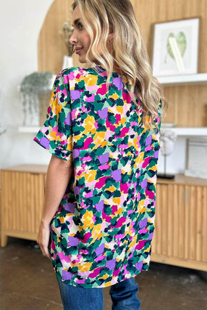 Double Take Full Size Printed V-Neck Short Sleeve Side Slit Top - StyleLure