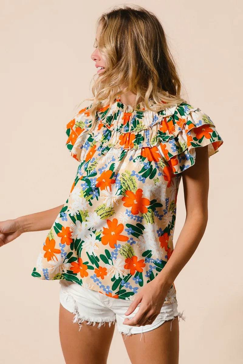 BiBi Multi Color Floral Print Woven Top - StyleLure