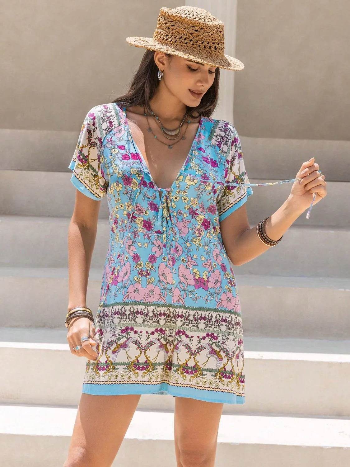 Tied Front Printed Short Sleeve Romper - StyleLure