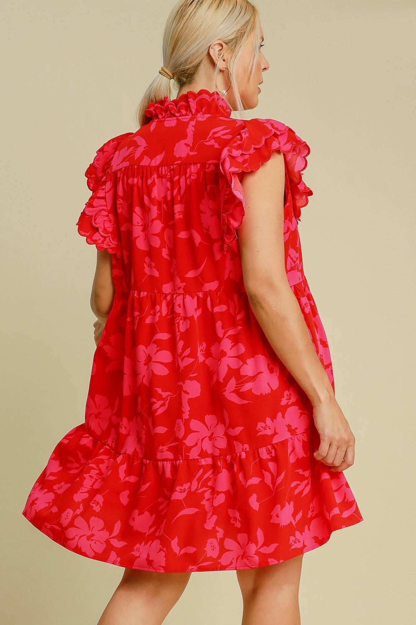 Umgee Full Size Two Tone Floral Print Ruffle Cap Sleeve Mini Dress Plus Size - StyleLure