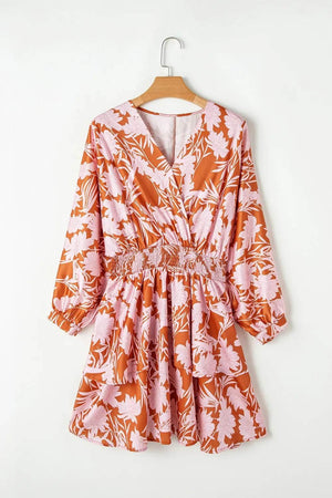 Smocked Printed Long Sleeve Mini Dress - StyleLure