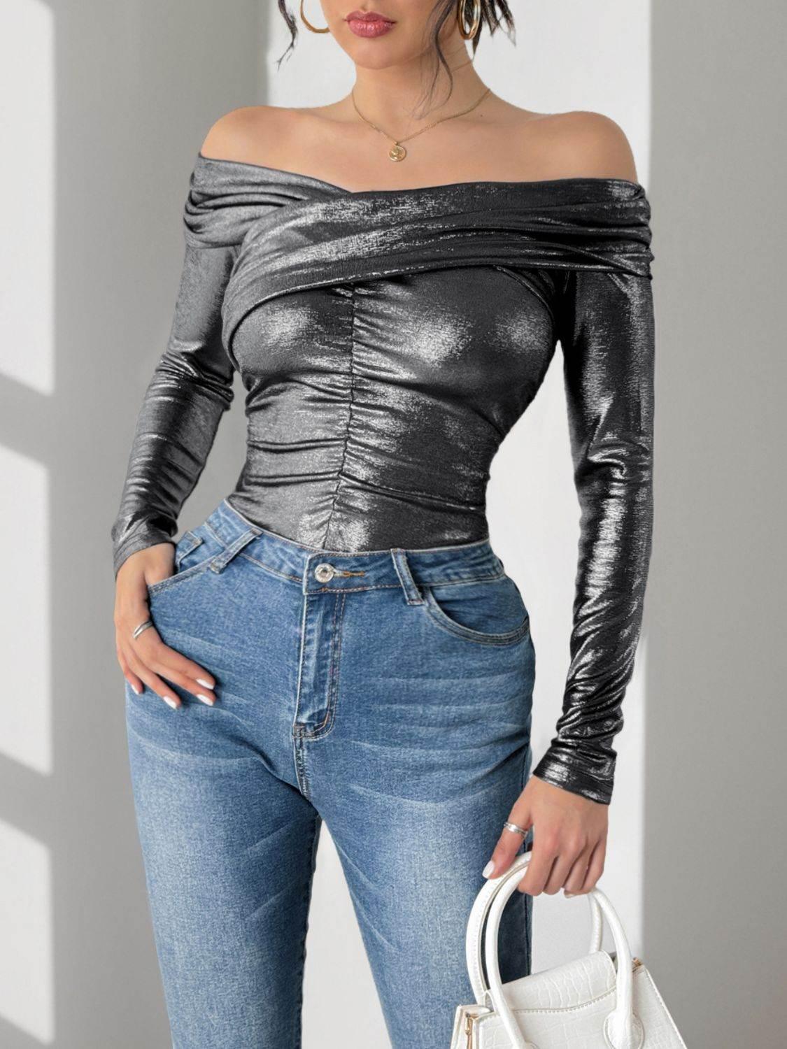 Perfee Ruched Off-Shoulder Long Sleeve Bodysuit - StyleLure