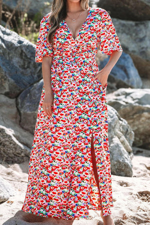 Floral Half Sleeve Deep V Neck Cutout Back Maxi Dress - StyleLure