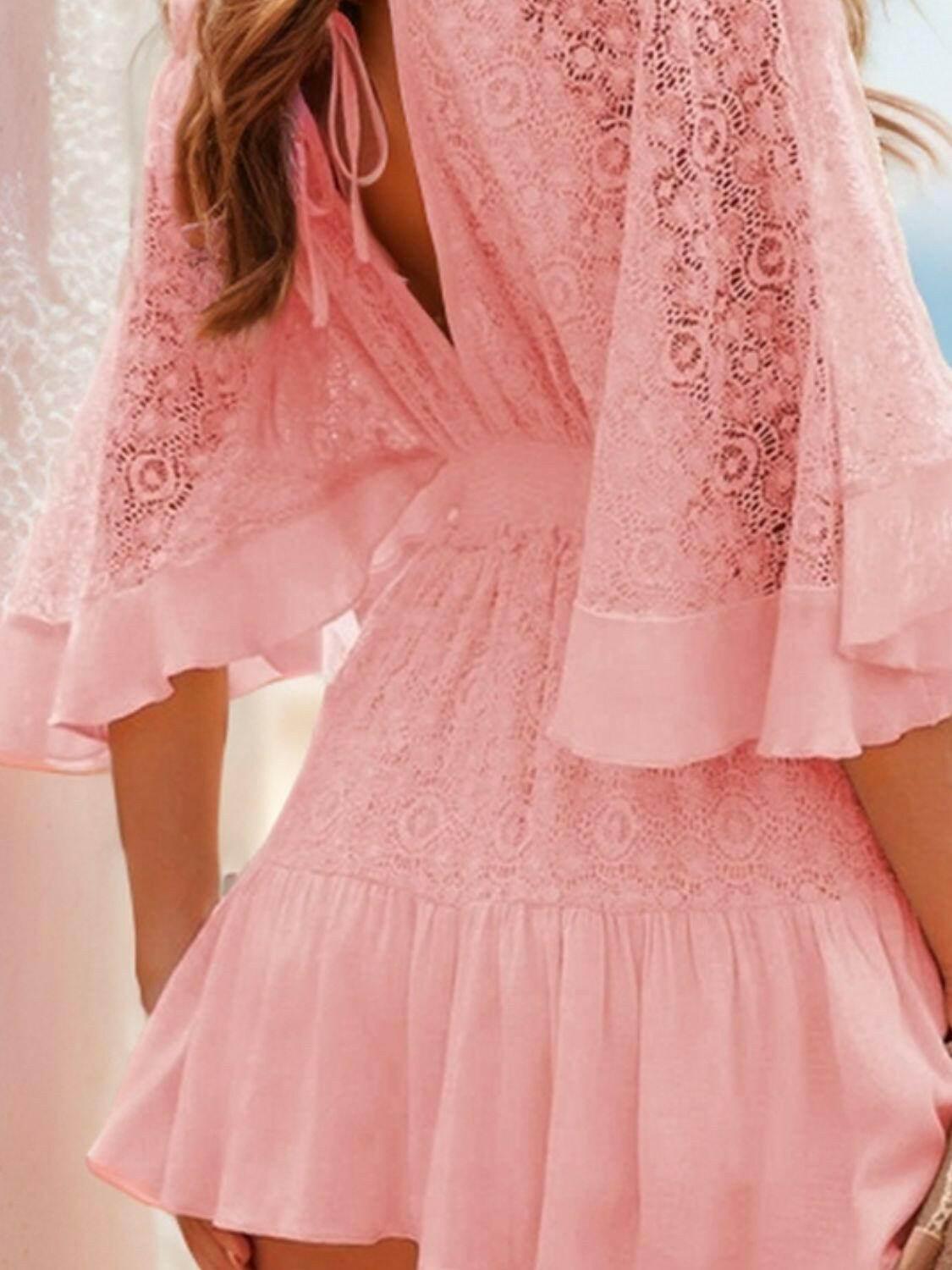 Ruffle Hem Tie Back Lace Mini Dress - StyleLure