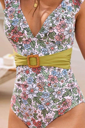 Ruffled Plunge Floral One-Piece Swimwear - StyleLure