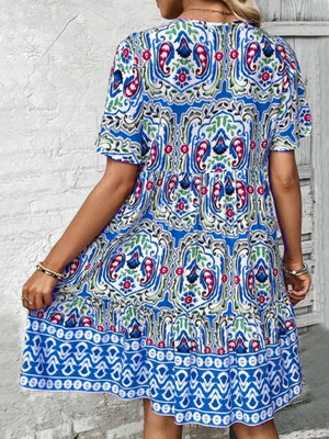Printed Tie Neck Short Sleeve Dress - StyleLure