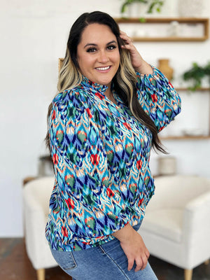 Double Take Full Size Printed Balloon Sleeve Blouse - StyleLure