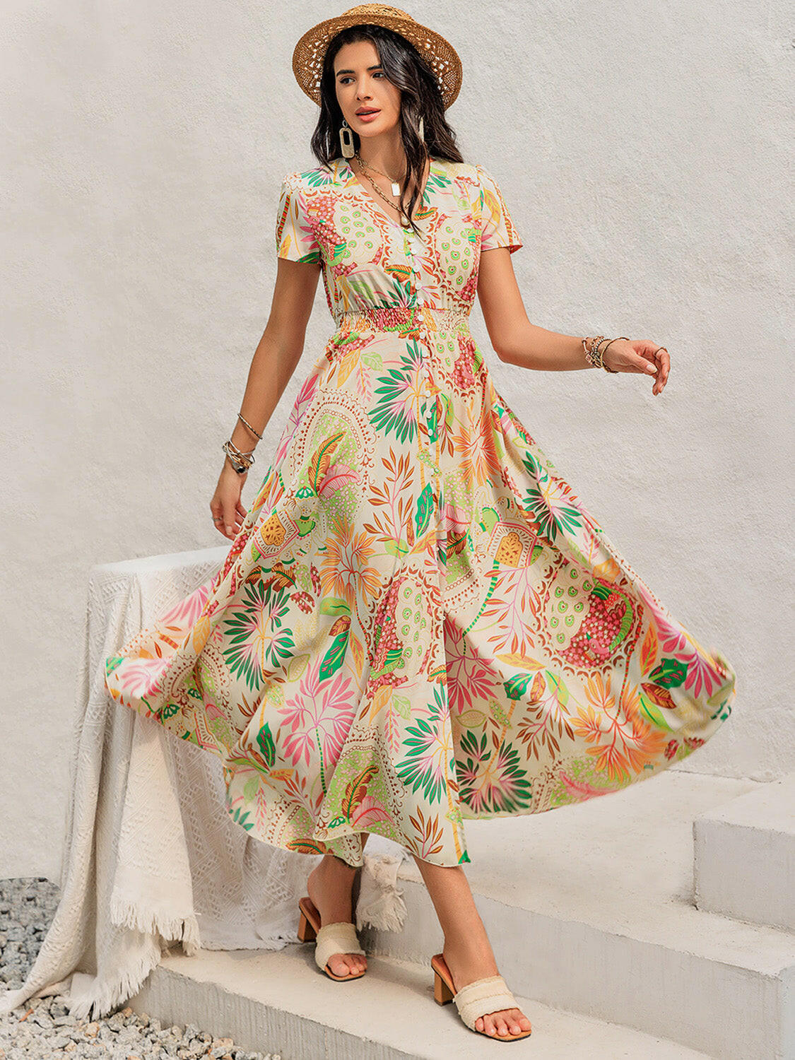Printed V-Neck Short Sleeve Midi Dress - StyleLure