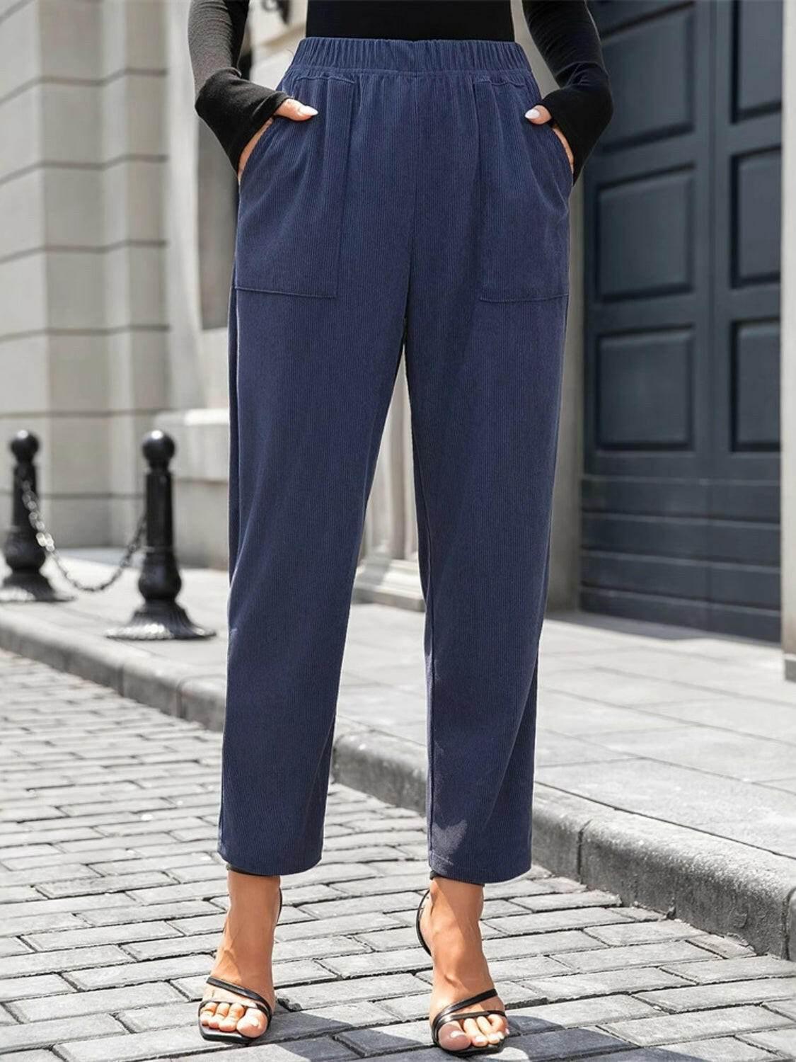Elastic Waist Pants with Pockets - StyleLure